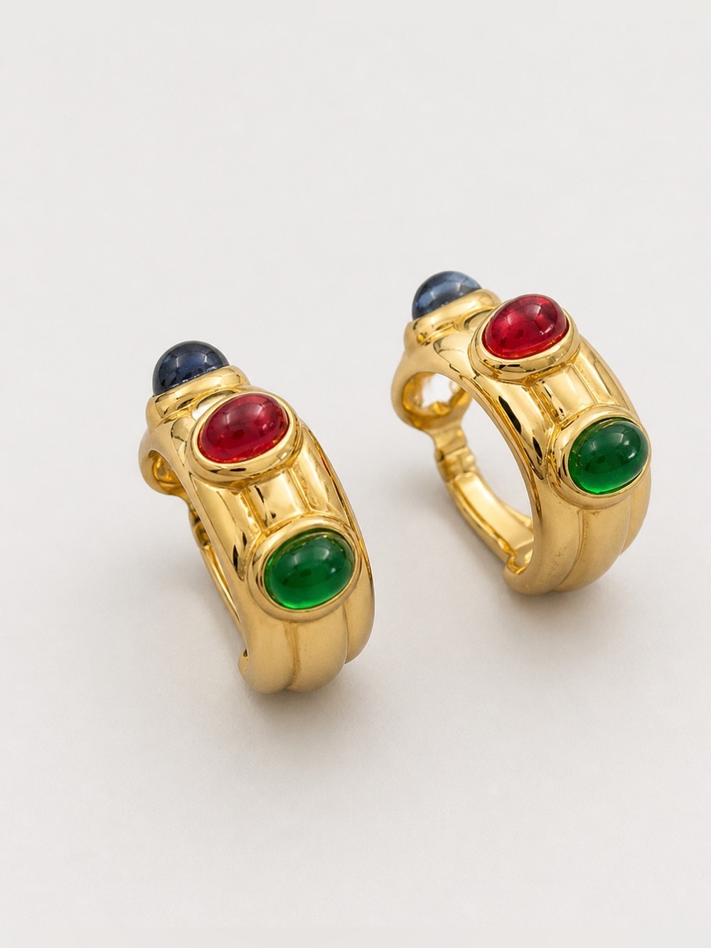 ✨ Vintage Gold Tone Multicolor Cabochon Hoop Earrings Red Blue Green Statement
